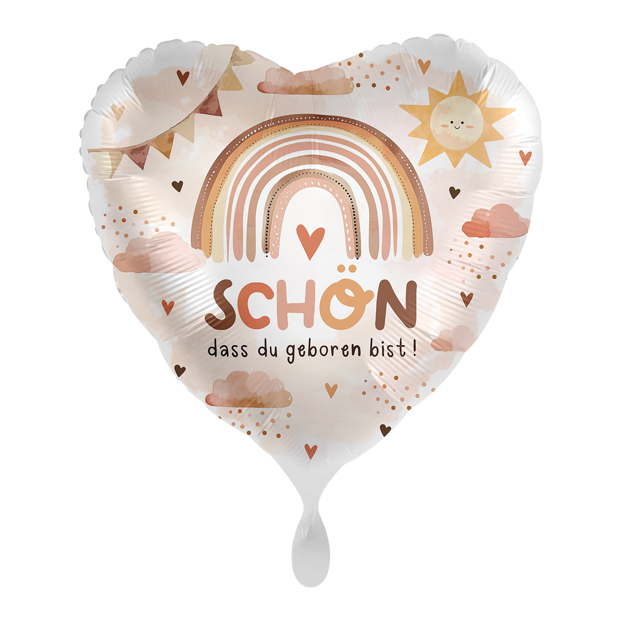 „Schön, dass du geboren bist!“ Ballon-Set – Mit Satin-Herzballons in Karamell, Ziegelrot und Cream