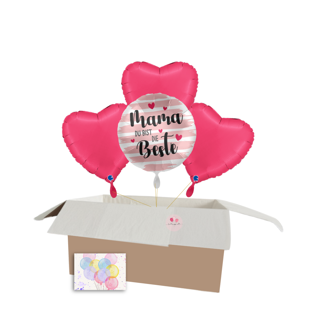 „Mama, Du bist die Beste“ Ballon-Set mit 3 roten Herzballons