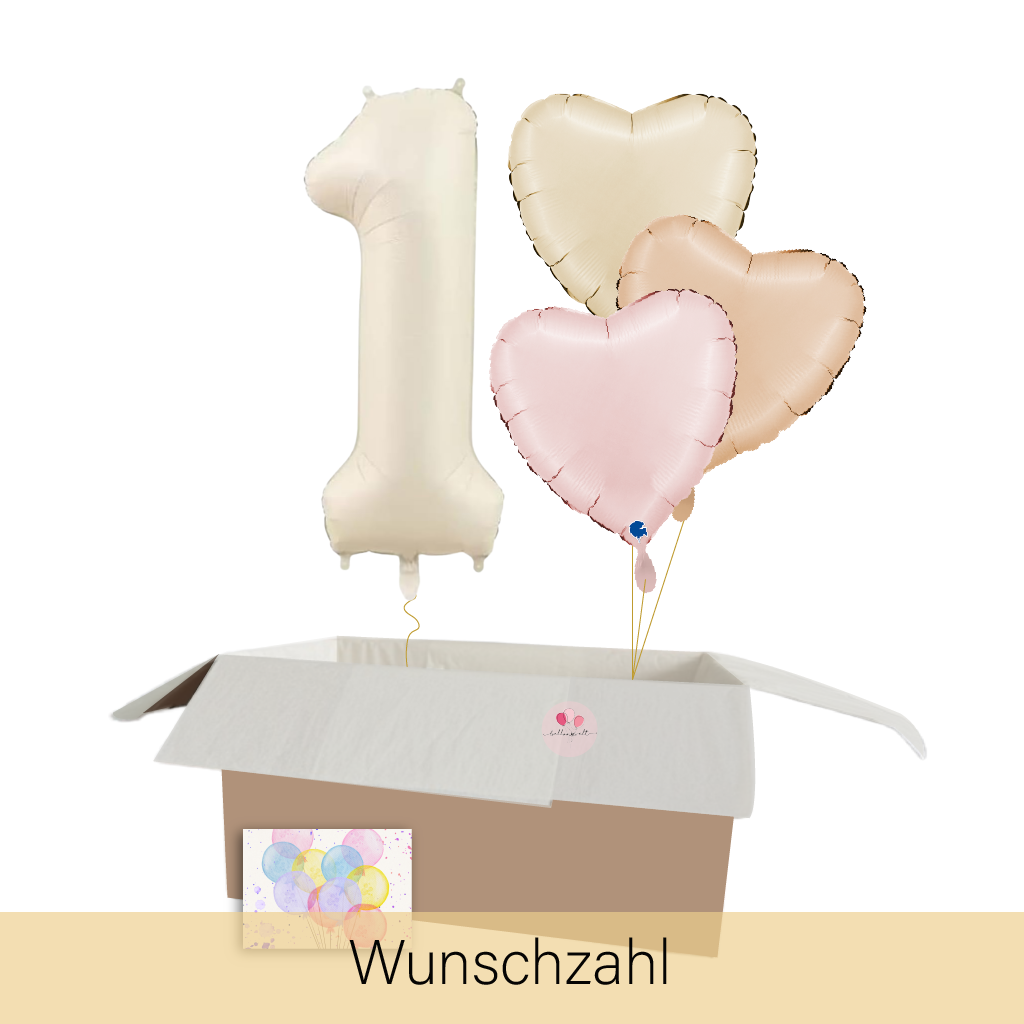 Heliumballon-Geschenk – Wunschzahl & 3 Herzballons in Pastellfarben