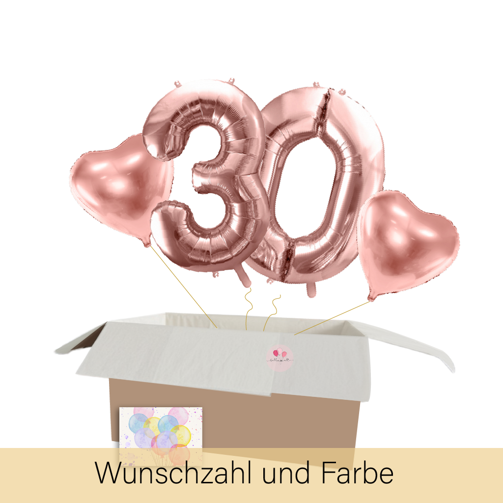 XXL Heliumballon-Geschenk – 2 Wunschzahlen & 2 Herzballons mit Helium in Geschenkbox