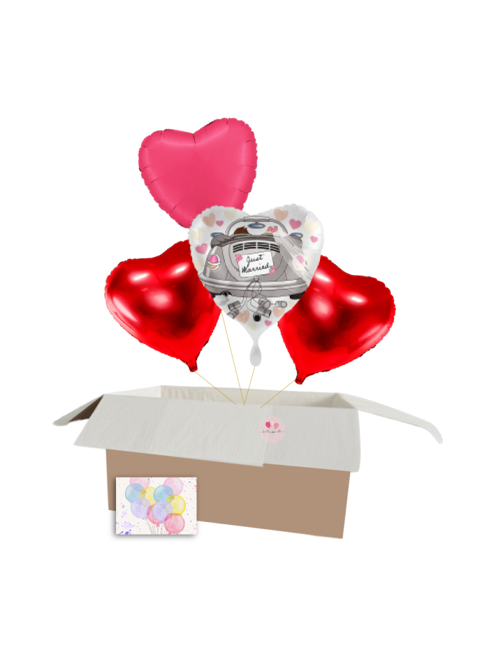 „Just Married“ Hochzeitsballon-Set mit Herzballons – Heliumgefüllt