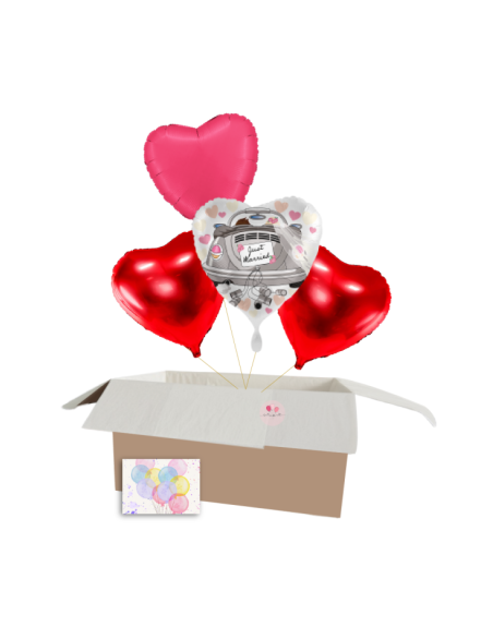 „Just Married“ Hochzeitsballon-Set mit Herzballons – Heliumgefüllt