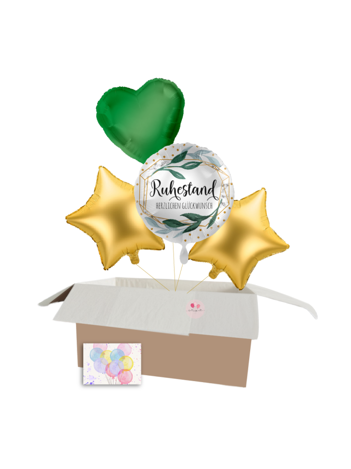 „Ruhestand Ballon-Set“ – Rundes „Ruhestand“-Heliumballon und Stern- sowie Herzballons für den besonderen Abschied