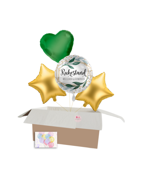 „Ruhestand Ballon-Set“ – Rundes „Ruhestand“-Heliumballon und Stern- sowie Herzballons für den besonderen Abschied