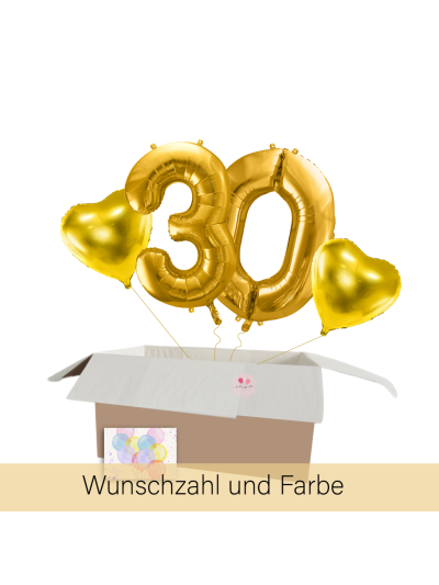 XXL Heliumballon-Geschenk – 1 Wunschzahl & 2 Herzballons in Geschenkbox!
