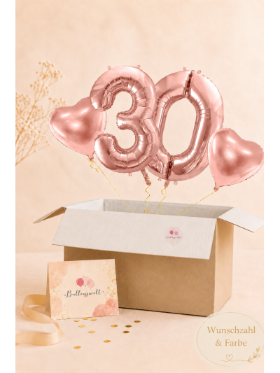 XXL Heliumballon-Geschenk – 2 Wunschzahlen & 2 Herzballons mit Helium in Geschenkbox