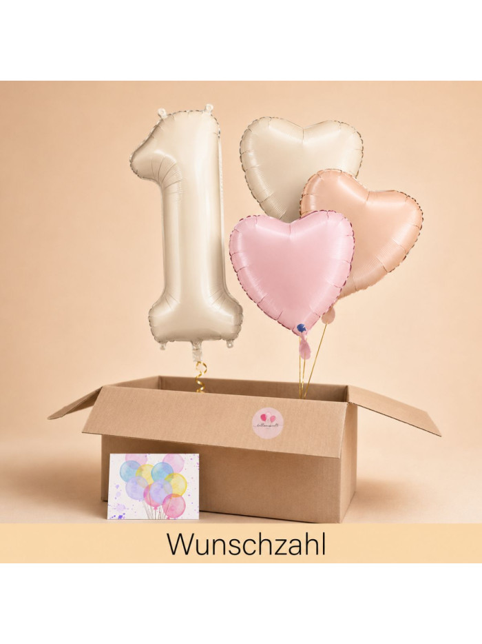 Heliumballon-Geschenk mit Wunschzahl und drei Herzen