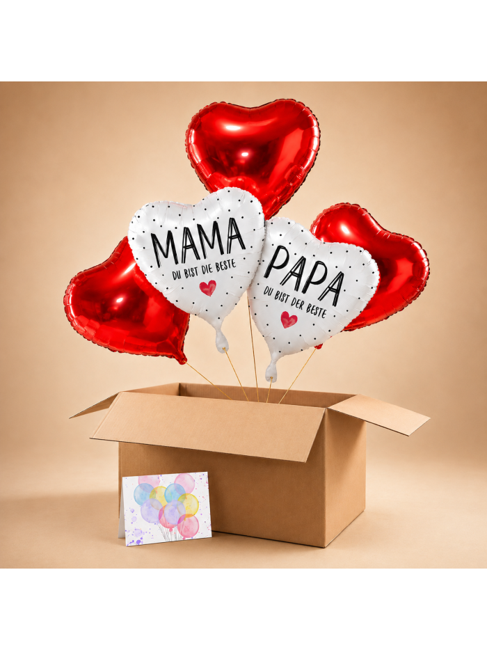 Heliumballon-Geschenk Eltern – Ballonbox „Mama & Papa, ihr seid die Besten“ mit Herzballons🎈❤️