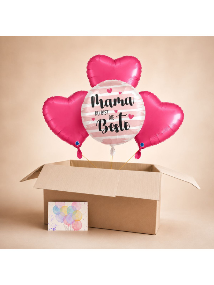 Heliumballon-Geschenk für Mama – Ballonbox „Mama, du bist die Beste“ mit pinken Herzballons🎈💗