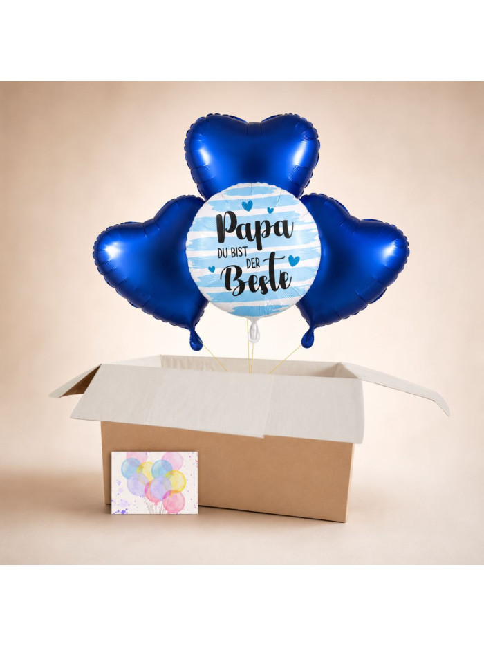 Heliumballon-Geschenk für Papa – Ballonbox „Papa, du bist der Beste“ mit blauen Herzballons
🎈💙