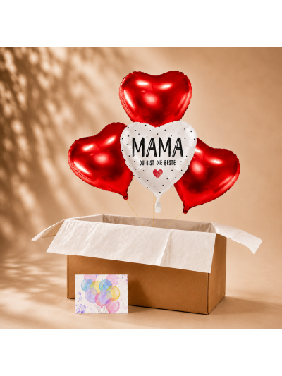 Heliumballon-Geschenk für Mama – Ballonbox „Mama, du bist die Beste“ mit roten Herzballons🎈❤️