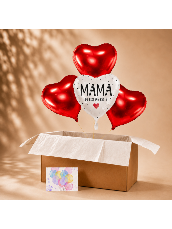 Heliumballon-Geschenk für Mama – Ballonbox „Mama, du bist die Beste“ mit roten Herzballons🎈❤️