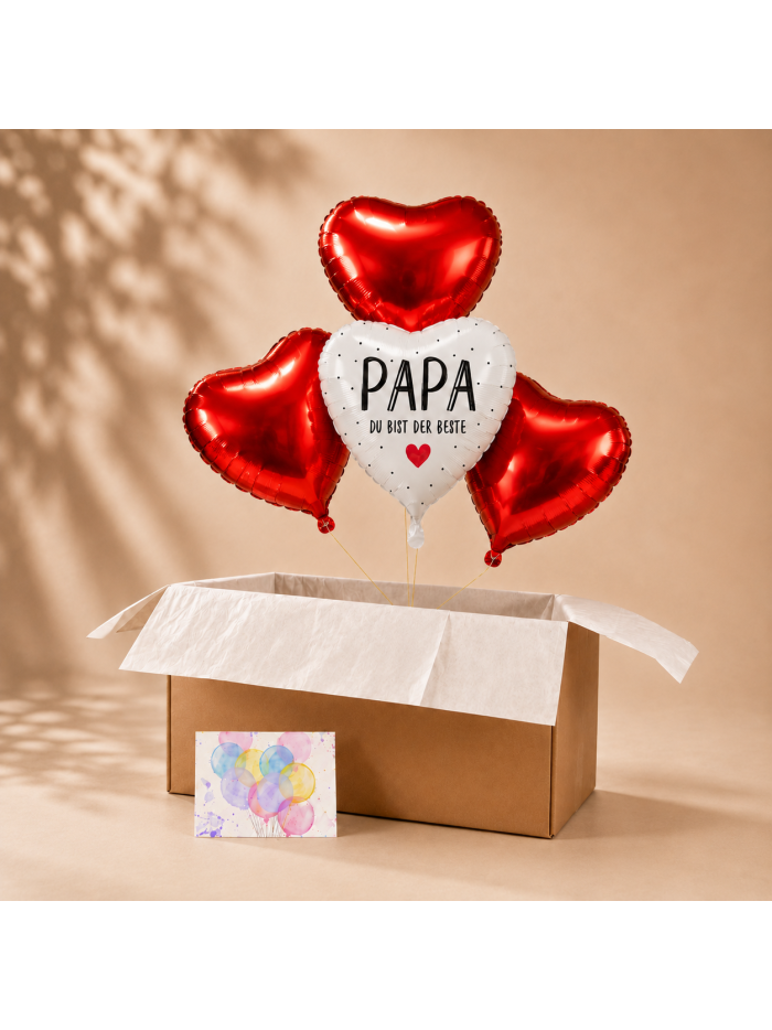 Heliumballon-Geschenk für Papa – Ballonbox „Papa, du bist der Beste“ mit roten Herzballons🎈❤️🎁