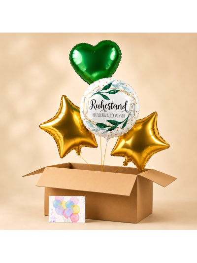Heliumballon-Geschenk zum Ruhestand – Ballonbox „Herzlichen Glückwunsch“ mit Herz- und Sternballons💚⭐