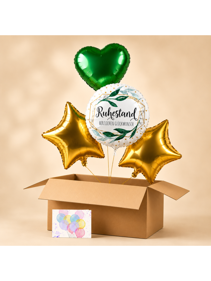Heliumballon-Geschenk zum Ruhestand – Ballonbox „Herzlichen Glückwunsch“ mit Herz- und Sternballons💚⭐
