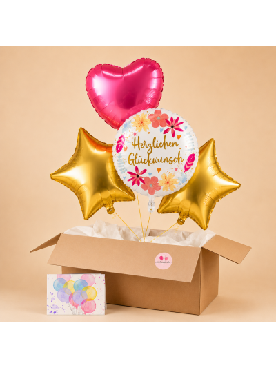Hochzeitsballon-Set „Herzlichen Glückwunsch“ mit Gold Sternen & Herz – Heliumgefüllt