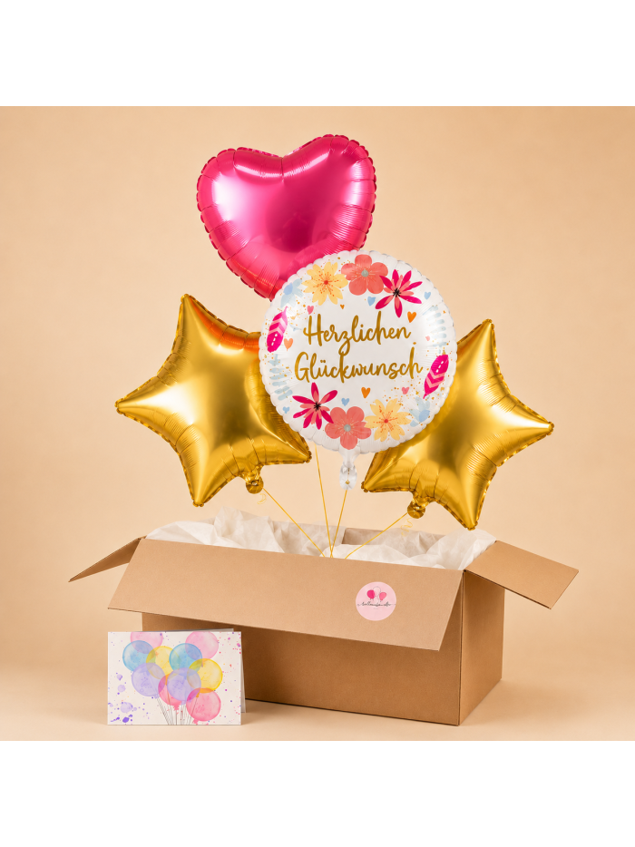 Hochzeitsballon-Set „Herzlichen Glückwunsch“ mit Gold Sternen & Herz – Heliumgefüllt