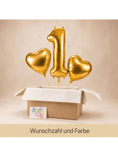 XXL Zahlenballon mit Helium und zwei Herzen in Geschenkbox