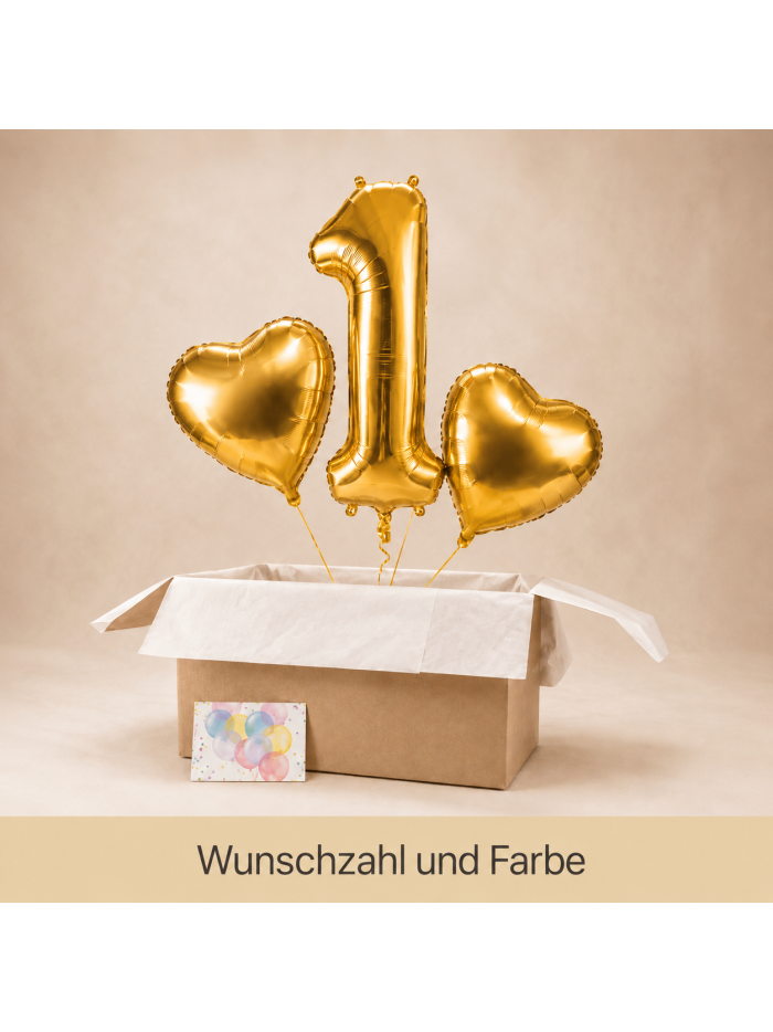 XXL Zahlenballon mit Helium und zwei Herzen in Geschenkbox