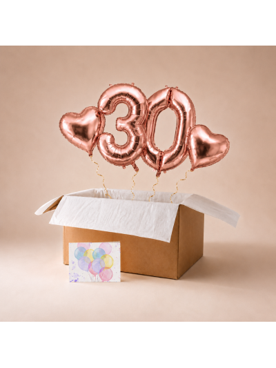 Heliumballon-Geschenk zum 30. Geburtstag – Ballonbox mit Roségold Zahlenballons „30“ & Herzballons