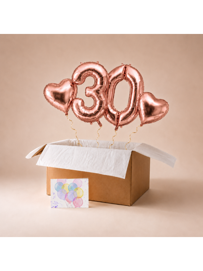 Heliumballon-Geschenk zum 30. Geburtstag – Ballonbox mit Roségold Zahlenballons „30“ & Herzballons