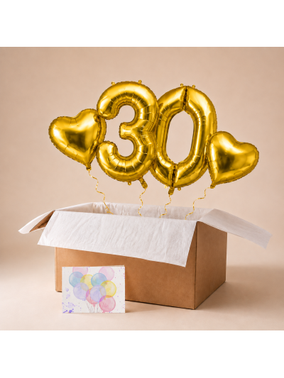 Heliumballon-Geschenk zum 30. Geburtstag – Ballonbox mit goldenen Zahlenballons „30“ & Herzballons