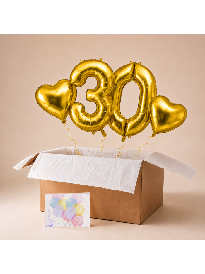 Heliumballon-Geschenk zum 30. Geburtstag – Ballonbox mit goldenen Zahlenballons „30“ & Herzballons
