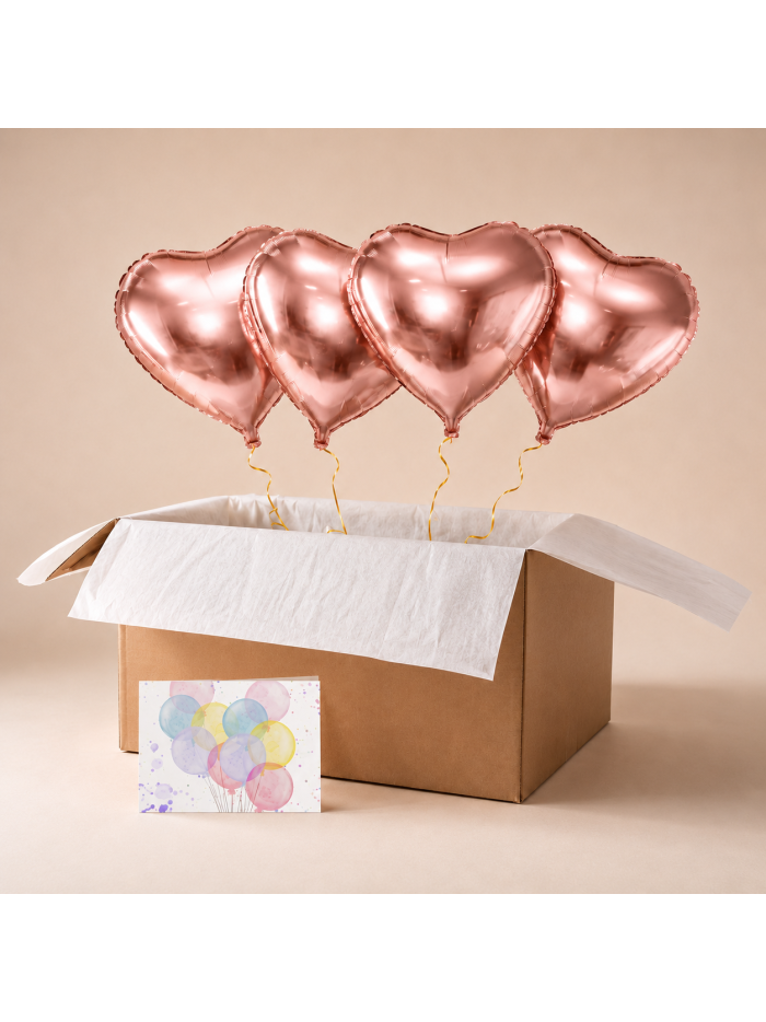 Überraschungsbox mit 4 Herz-Heliumballons (45 cm) – Schwebende Liebesbotschaft