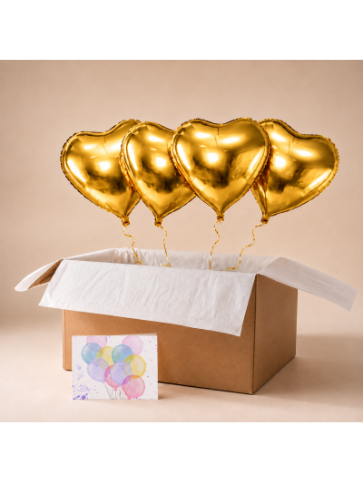 Heliumballon-Geschenk mit 4 goldenen Herzballons – Ballonbox für besondere Anlässe