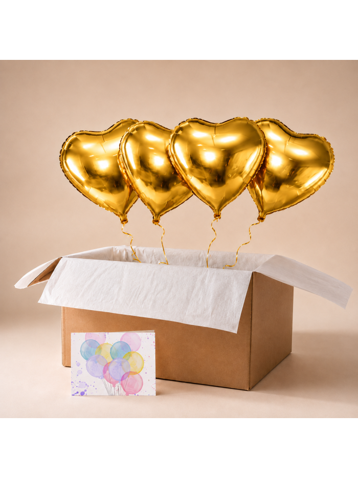 Heliumballon-Geschenk mit 4 goldenen Herzballons – Ballonbox für besondere Anlässe