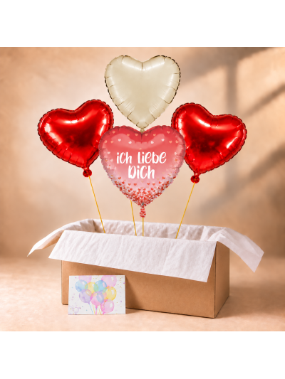 Ballonbox „Ich liebe dich“ mit Motivballon, zwei roten Herzen und einem cremefarbenen Herz