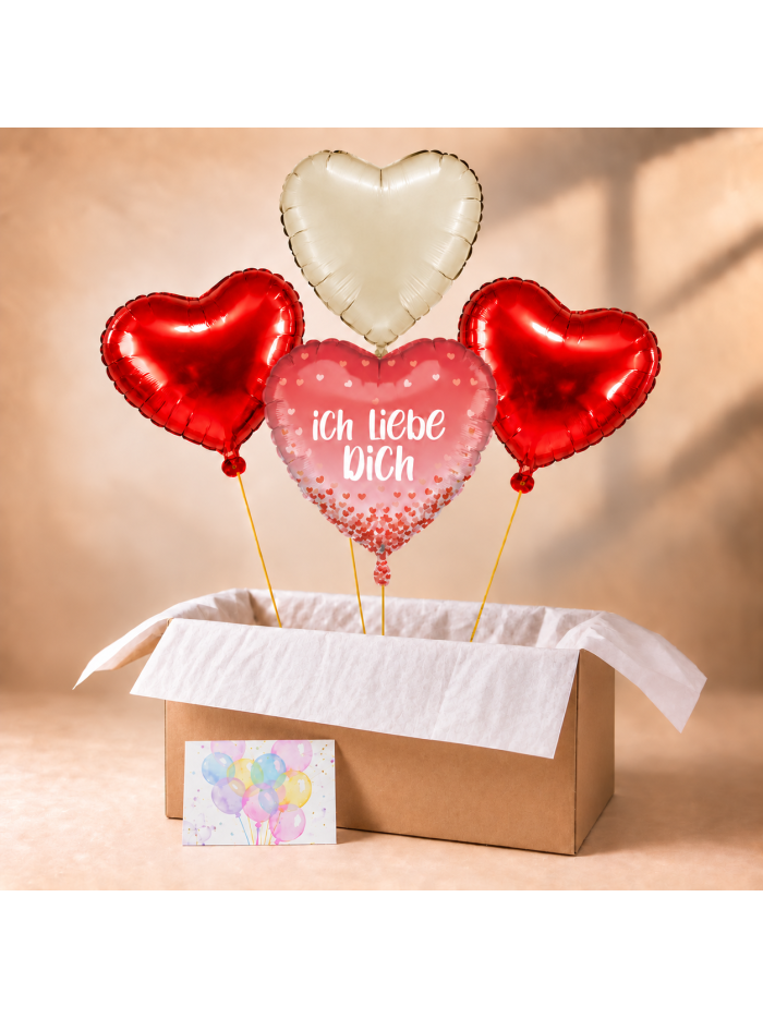 Ballonbox „Ich liebe dich“ mit Motivballon, zwei roten Herzen und einem cremefarbenen Herz
