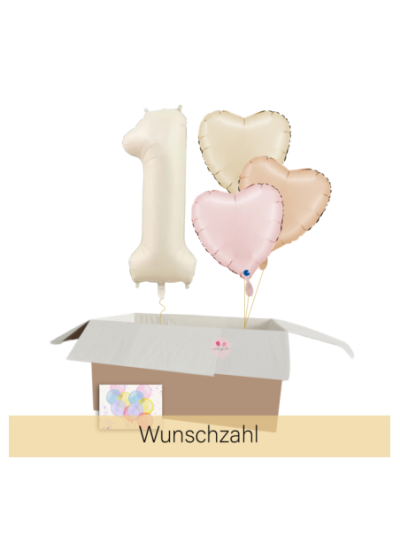 Heliumballon-Geschenk – Wunschzahl & 3 Herzballons in Pastellfarben