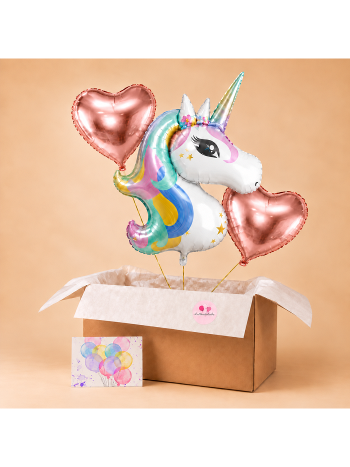 Magisches Einhorn Ballon-Set mit Satin-Roségold-Herzballons