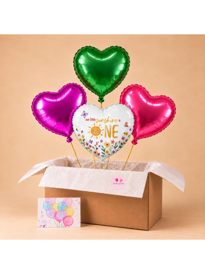 Ballonbox zum 1. Geburtstag mit Sonnenschein Motivballon und Herzballons