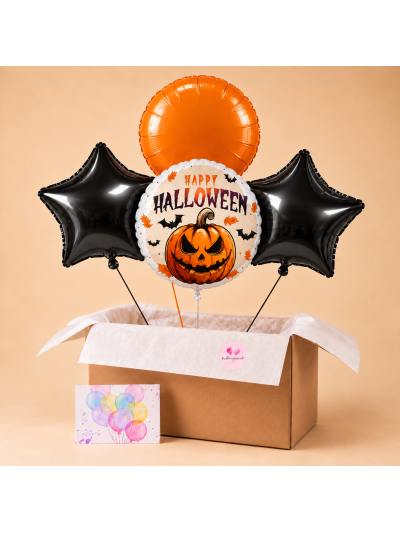 Halloween Ballonbox – Happy Halloween Kürbis mit schwarzen Sternen und orangefarbenem Folienballon