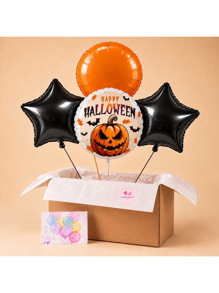 Halloween Ballonbox – Happy Halloween Kürbis mit schwarzen Sternen und orangefarbenem Folienballon