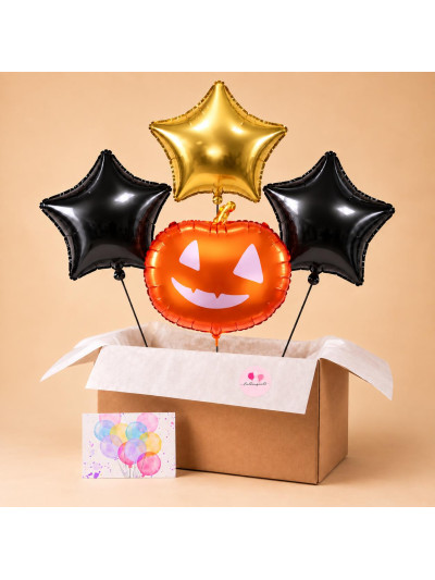 Halloween Ballonbox mit Kürbisballon und schwarzen und goldenen Sternballons