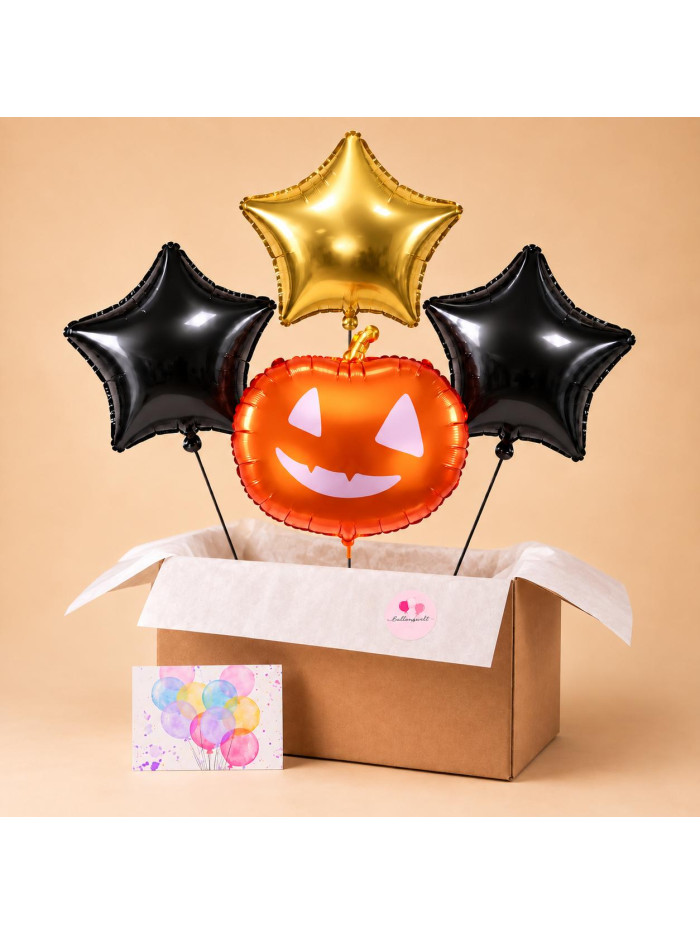 Halloween Ballonbox mit Kürbisballon und schwarzen und goldenen Sternballons