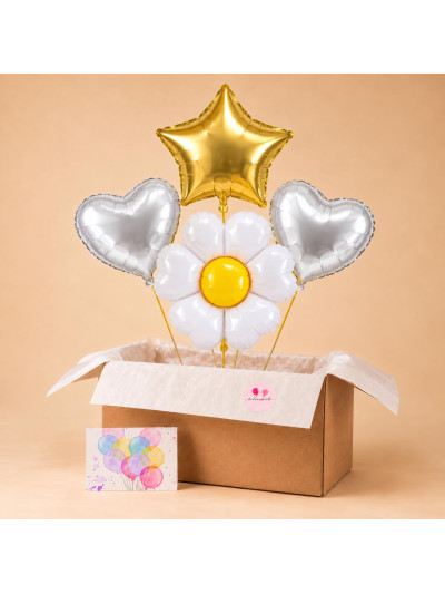 Ballonbox „Daisy“ mit Blumenballon, Herzballons und goldenem Stern – heliumgefülltes Geschenkset