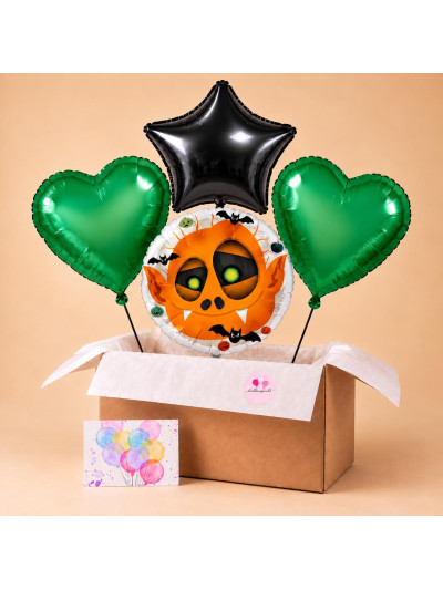 Halloween Ballonbox – Monster Motiv mit grünen Herzen und schwarzem Stern