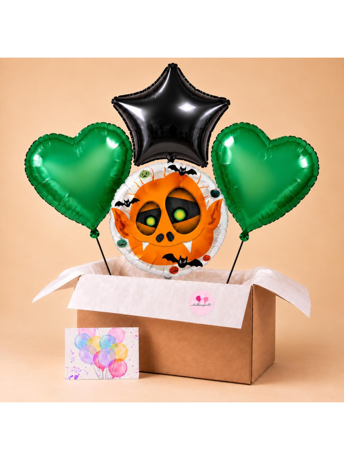 Halloween Ballonbox – Monster Motiv mit grünen Herzen und schwarzem Stern