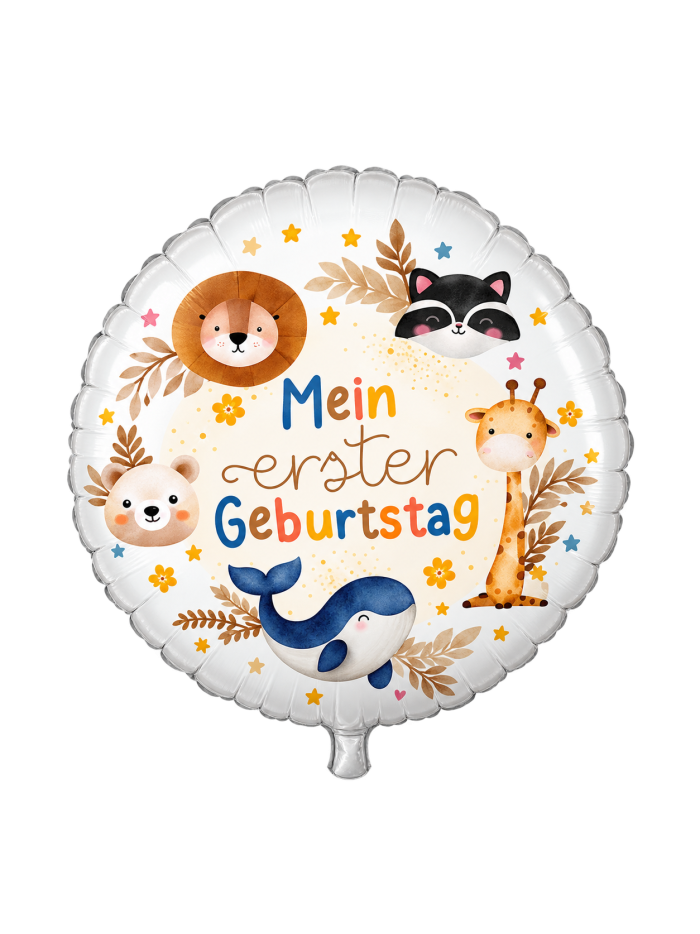 Folienballon „Mein erster Geburtstag“ mit Löwe, Waschbär, Bär, Giraffe und Wal – liebevoller Motivballon zum 1. Geburtstag