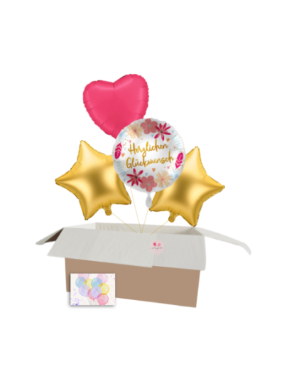 Hochzeitsballon-Set „Herzlichen Glückwunsch“ mit Gold Sternen & Herz – Heliumgefüllt