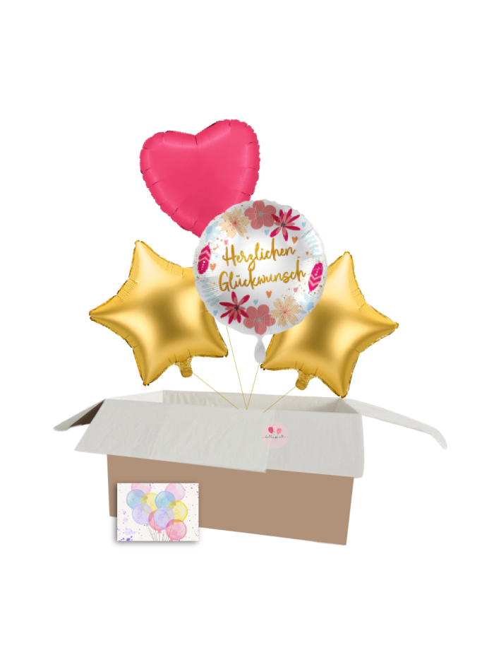Hochzeitsballon-Set „Herzlichen Glückwunsch“ mit Gold Sternen & Herz – Heliumgefüllt