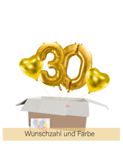 XXL Heliumballon-Geschenk – 2 Wunschzahlen & 2 Herzballons mit Helium in Geschenkbox