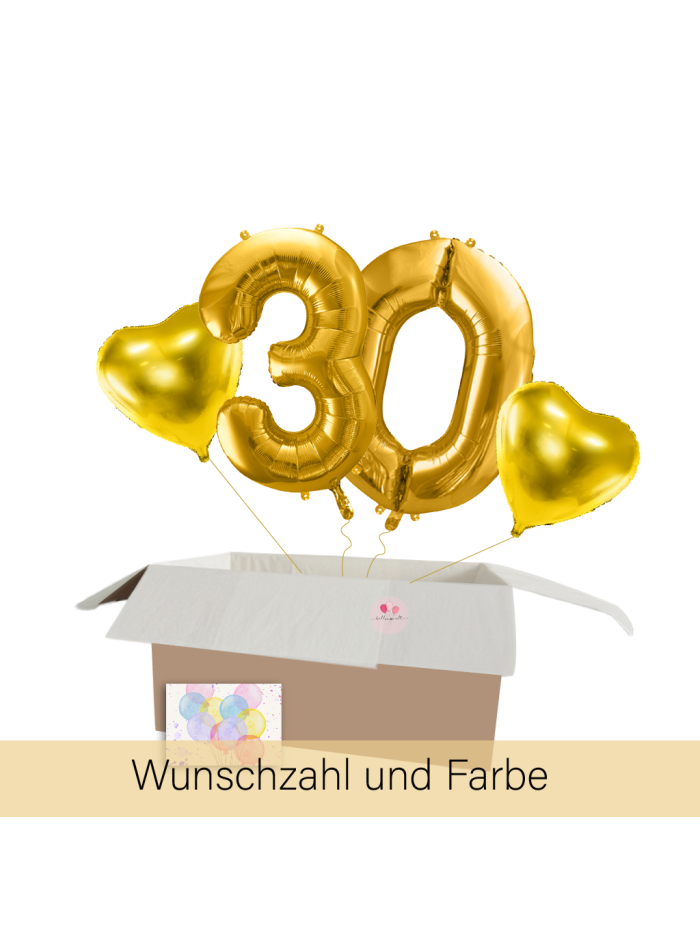 XXL Heliumballon-Geschenk – 2 Wunschzahlen & 2 Herzballons mit Helium in Geschenkbox