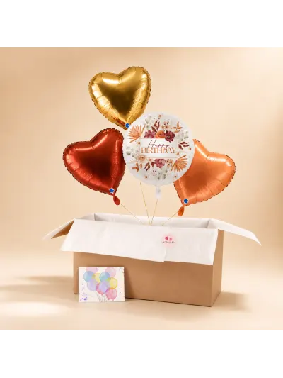 Autumn Birthday Geschenkbox mit Geburtstagsmotiv und drei Herzballons in Karamell, Rot und Gold