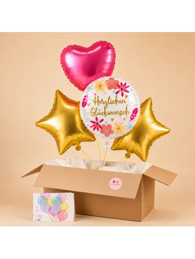 Hochzeits-Geschenkbox mit Herzlichen-Glückwunsch-Motivballon, zwei goldenen Sternen und pinkem Herzballon